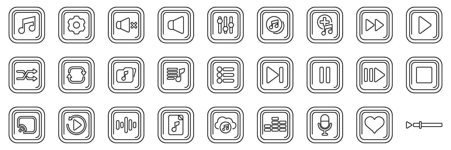 Playback music icons set. Music player app interface icons showing various functions for controlling audio playback vector