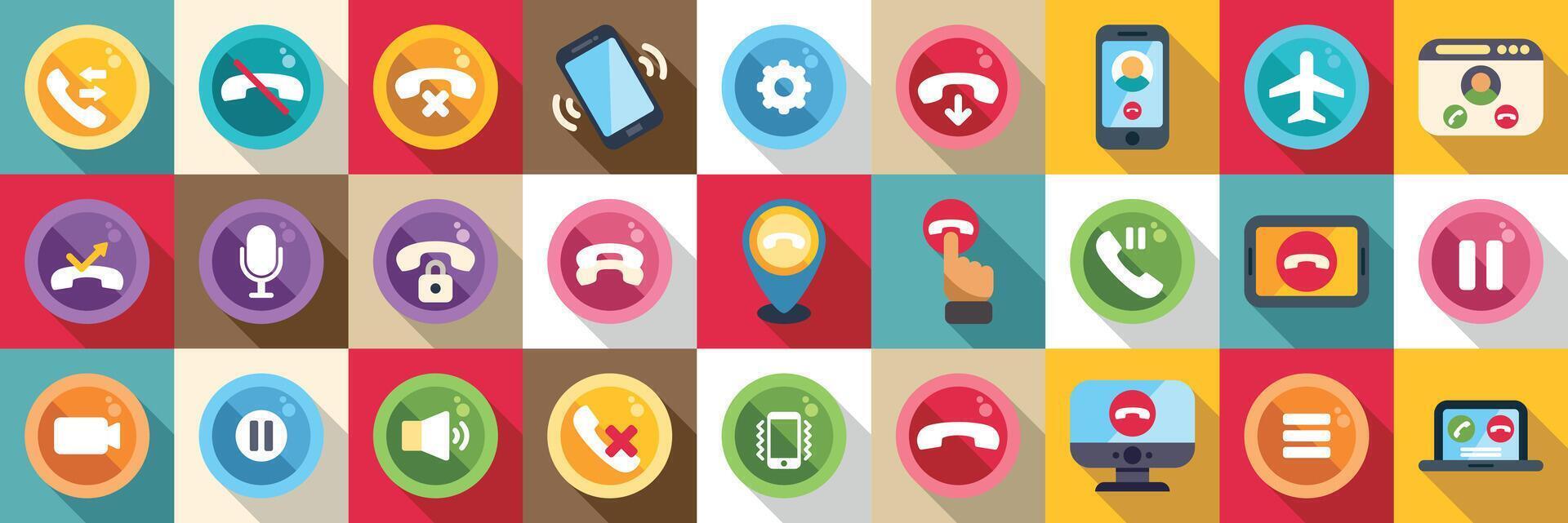 End call icons set. Phone call icons showing answering, declining, muting, airplane mode and others vector