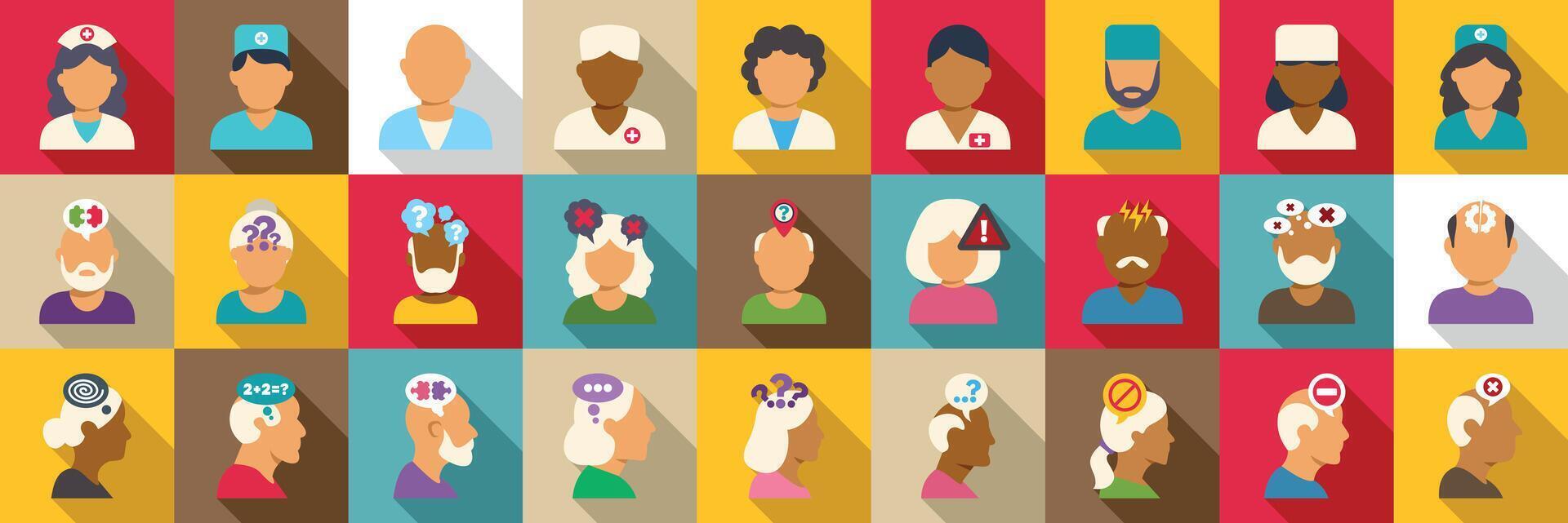 Dementia man icons set. Medical staff caring for elderly patients experiencing cognitive decline and memory loss vector
