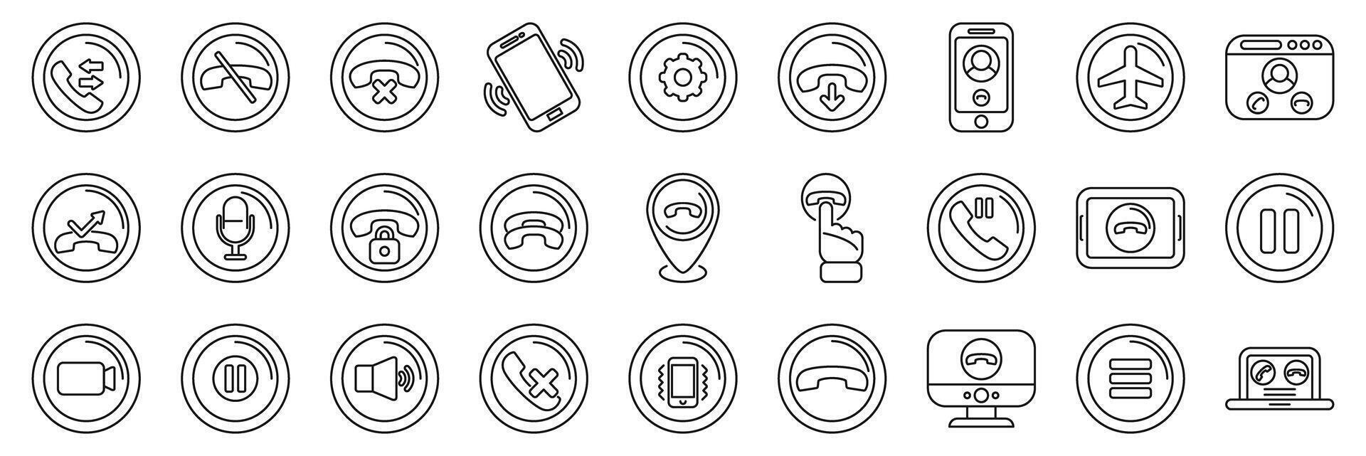 End call icons set. Phone call icons showing various actions and settings related to communication vector