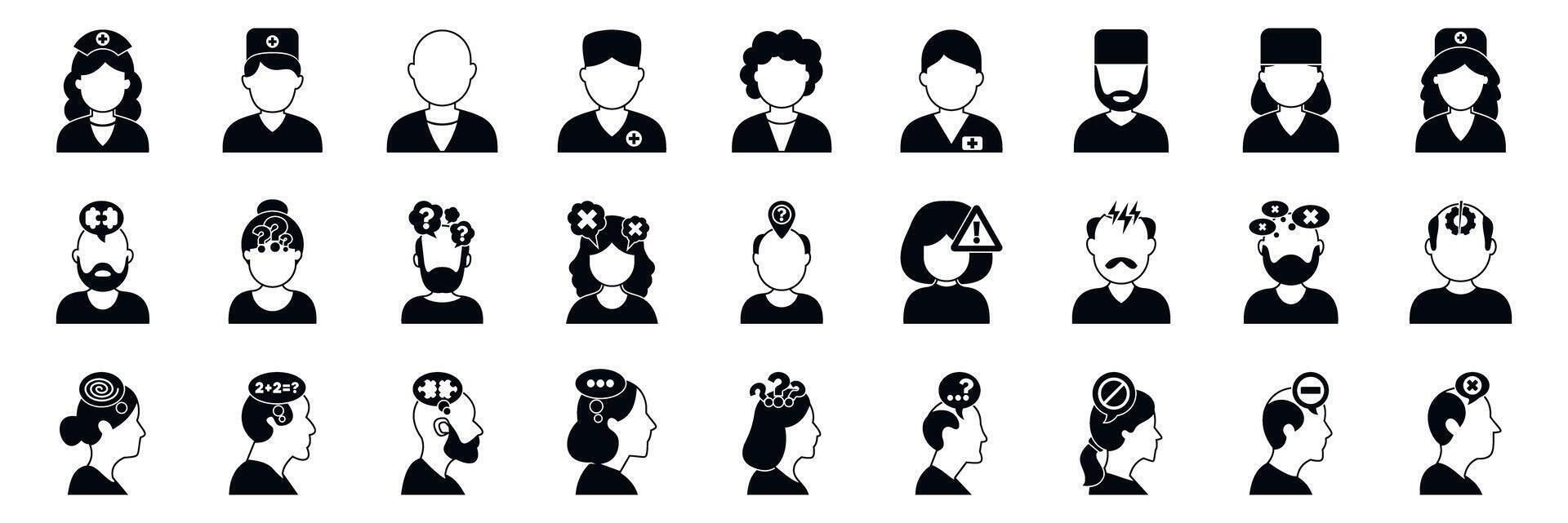 Dementia man icons set. Doctors and patients showing mental health problems through icons collection vector