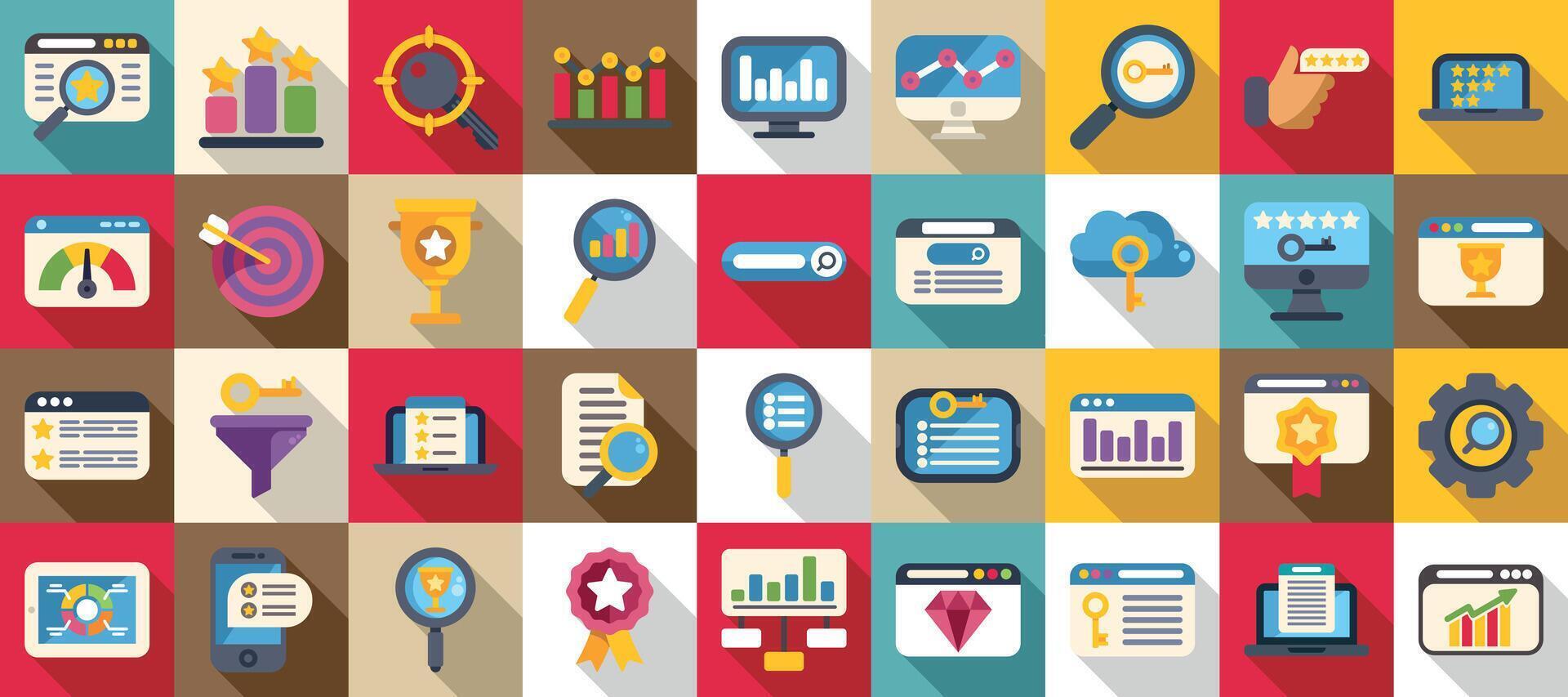 Keywords ranking icons set. Search engine optimization icons showing online marketing and website analytics vector