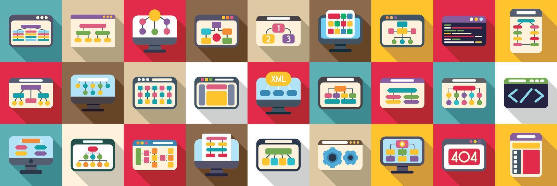 Sitemap creation icons set. Algorithm representing website and software development process on computer screens vector