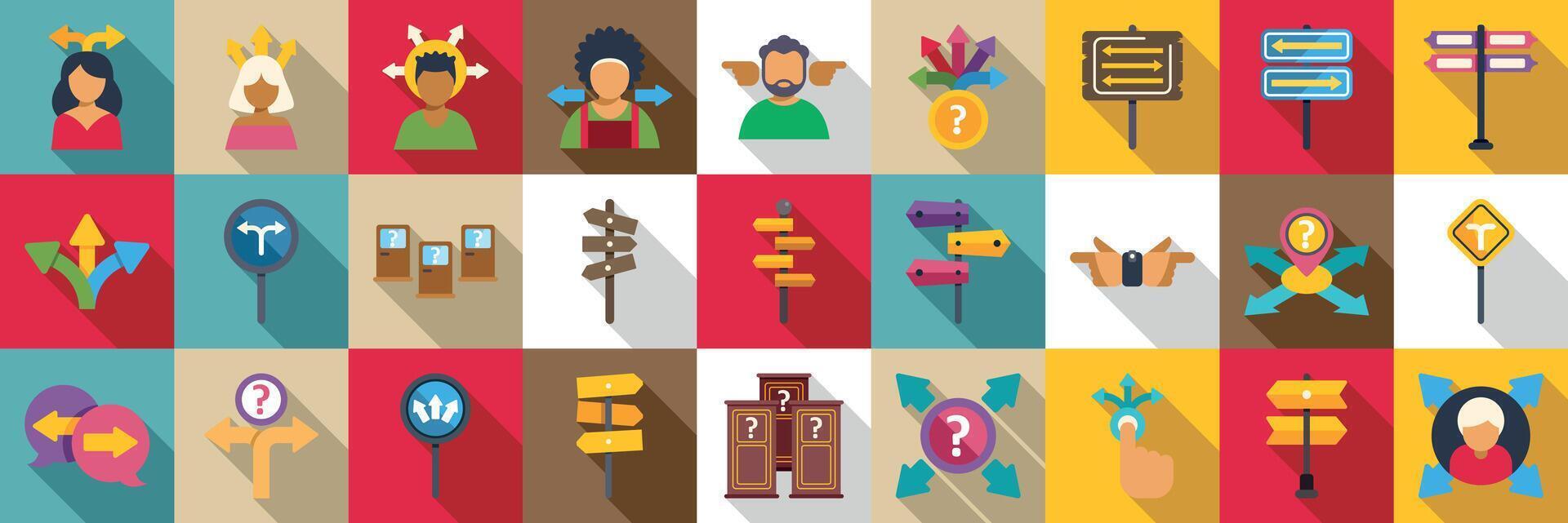 Choosing multiple directions icons set. People making decisions, choosing between multiple directions, following arrows and signs vector