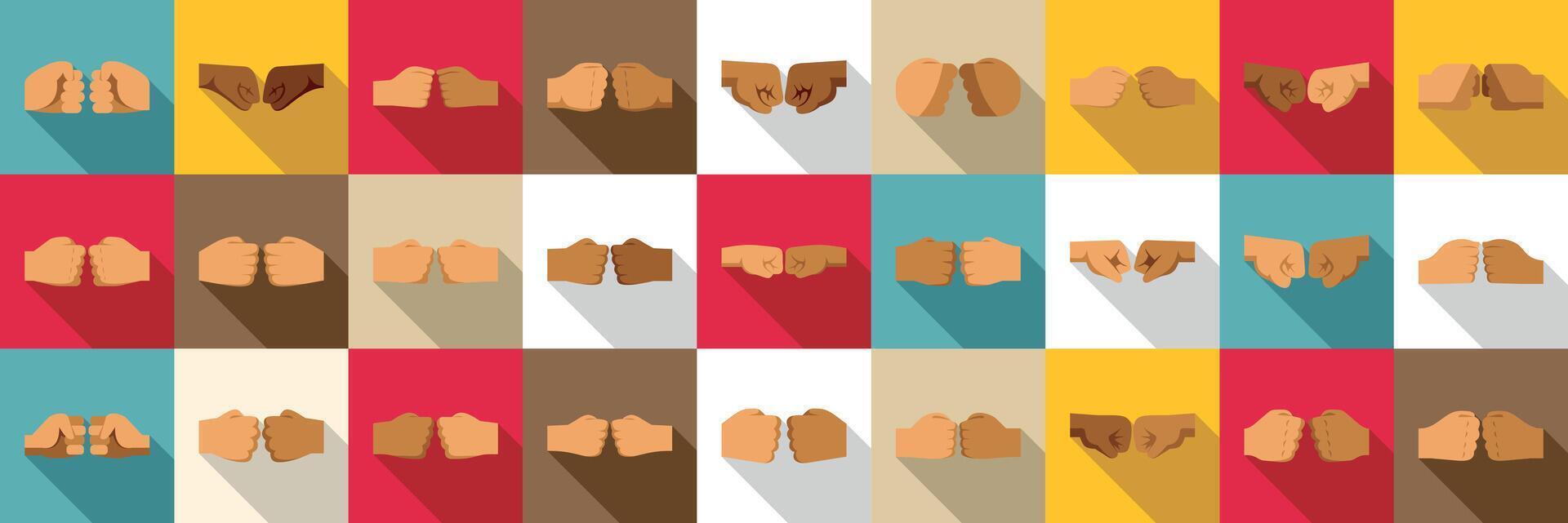 Fist bump icons set. Many hands fist bumping in unity and support on colorful background vector