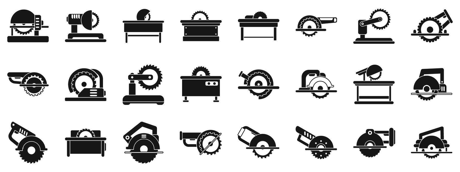 Circular saw machine icons set. Circular saw blades and table saws cutting woodworking tools vector