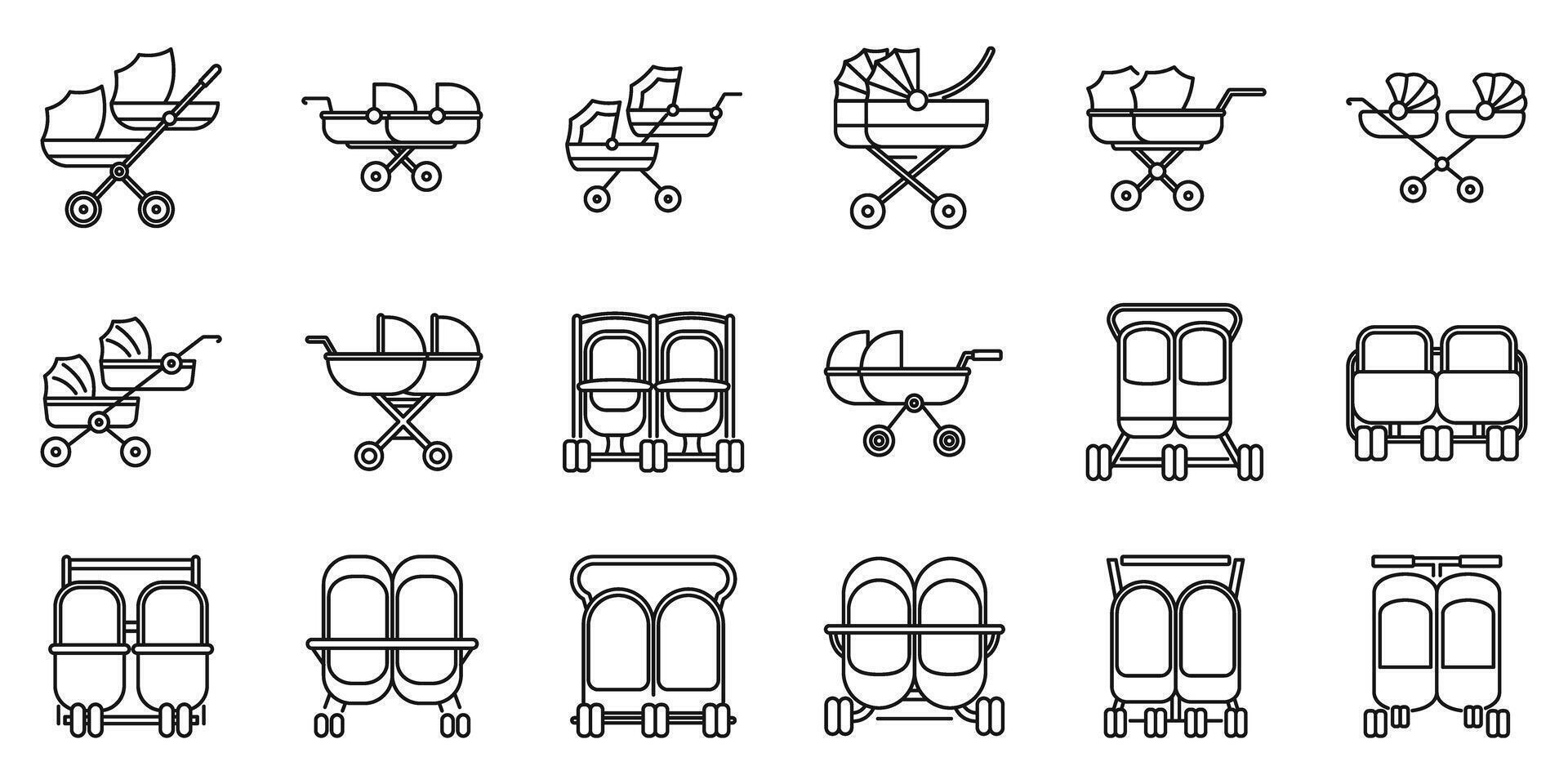 Double pram icons set. Set of baby stroller icons representing different models for single and twin babies vector