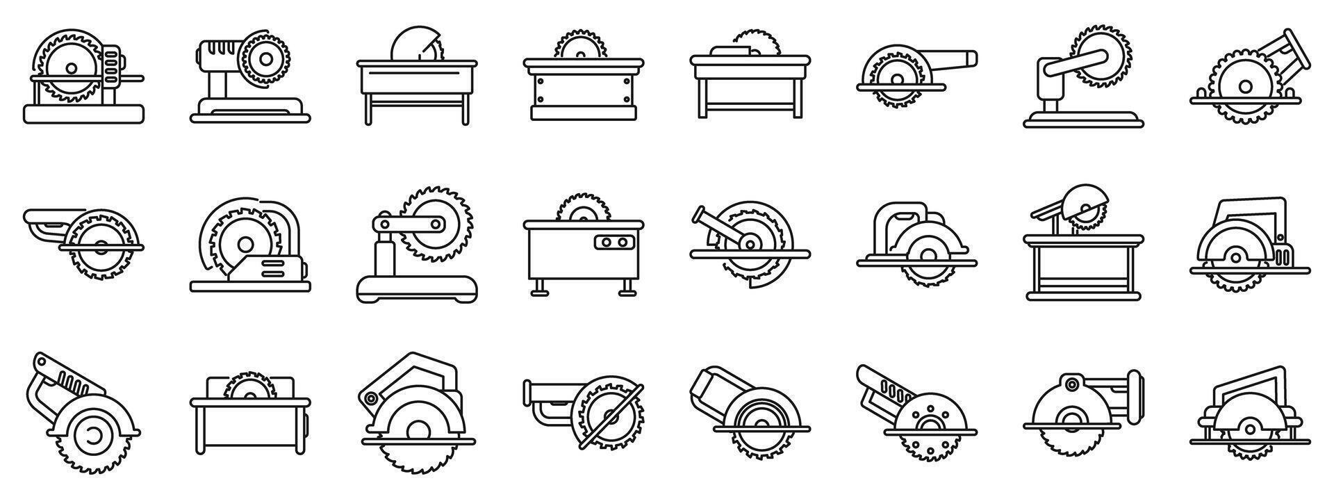 Circular saw machine icons set. Circular saw blades and table saws for cutting wood and metalworking vector