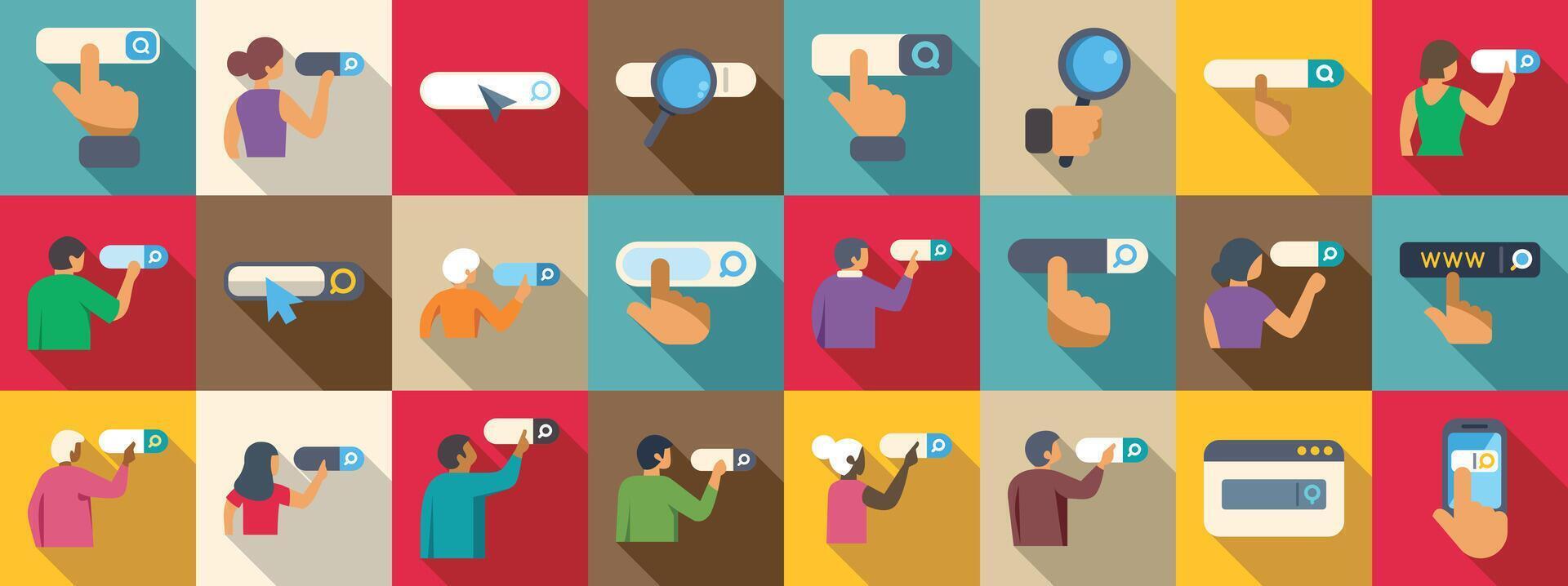People clicking internet search icons set. People using search bar and typing keyword for web browsing and searching vector