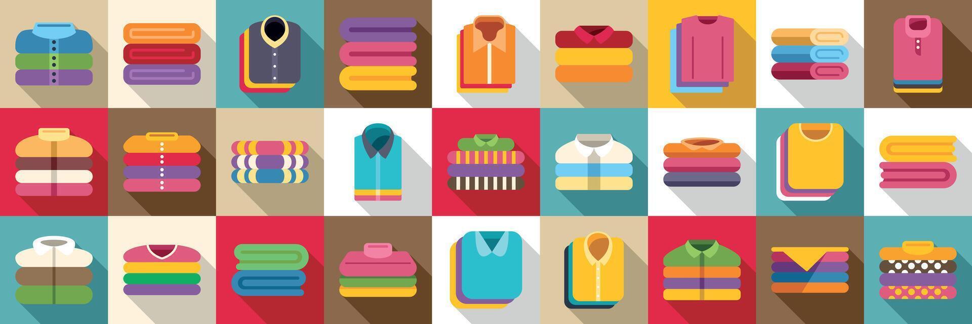 Folded clothes stack icons set. Piles of folded clothes and laundry representing organization and tidiness vector