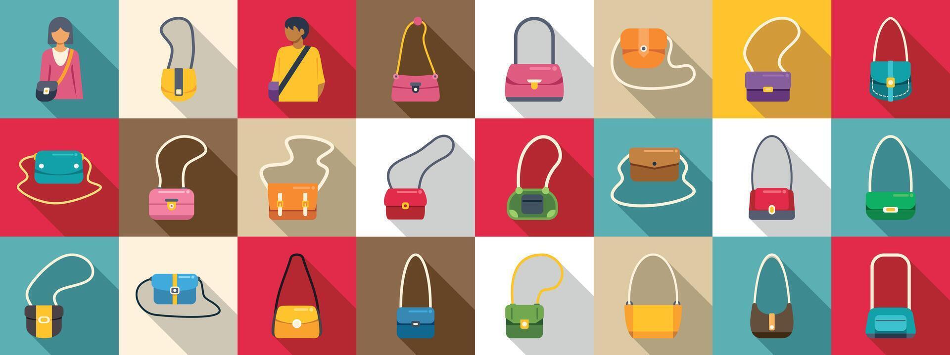 Crossbody icons set. Stylish handbags displayed in a vibrant grid layout vector