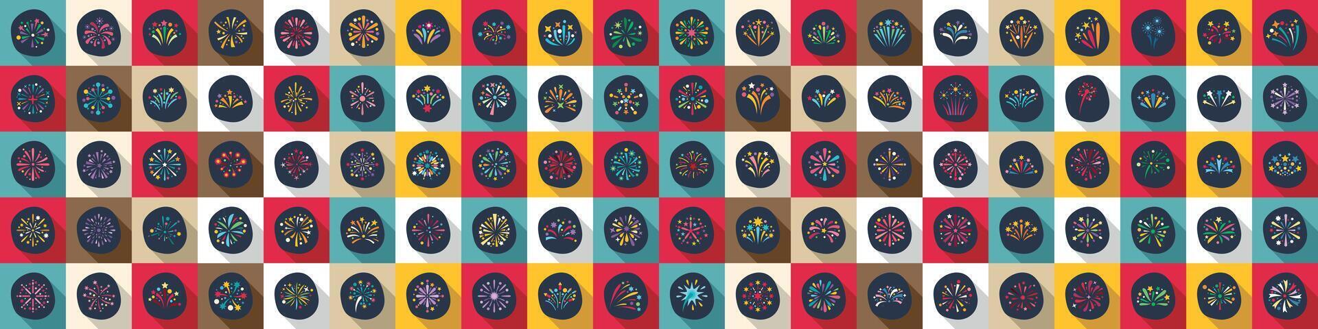 icons set. Colorful fireworks exploding in night sky creating festive atmosphere vector
