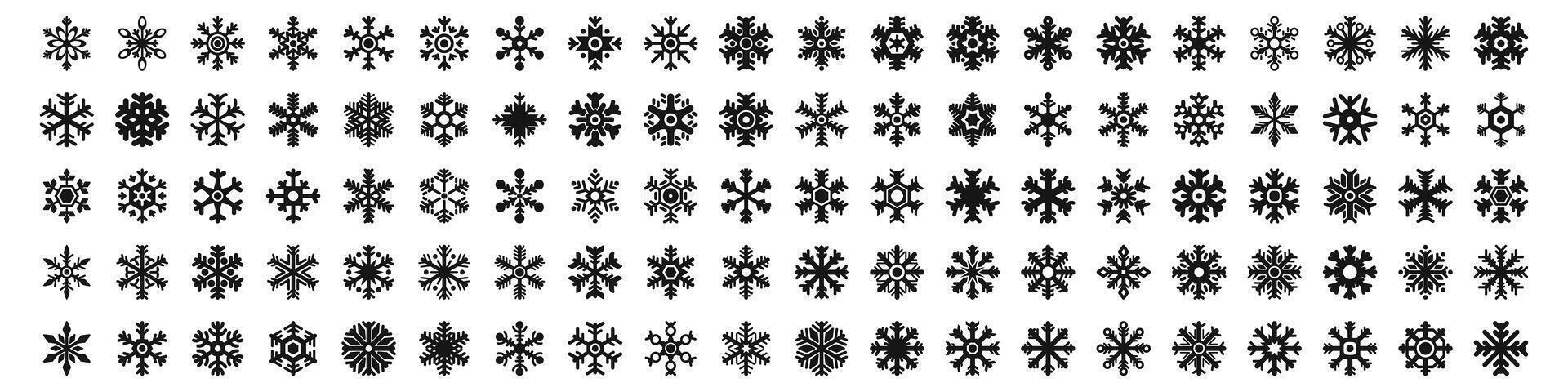 icons set. Set of different black snowflakes falling during winter blizzard vector