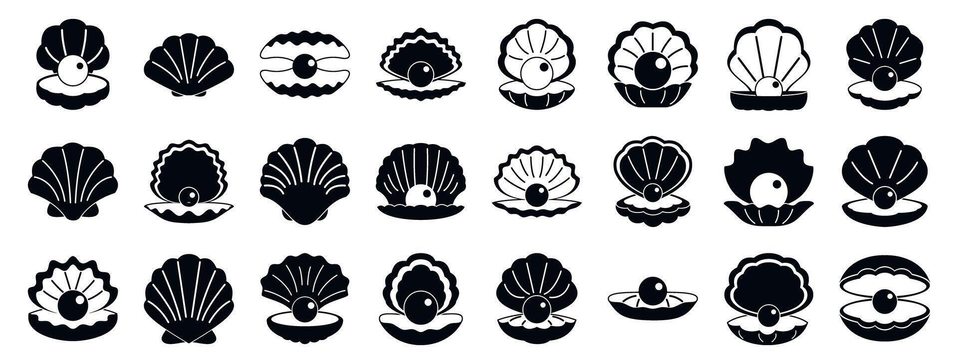 Seashells pearls icons set. Open and closed pearl oyster shell icons set showing a precious gemstone vector