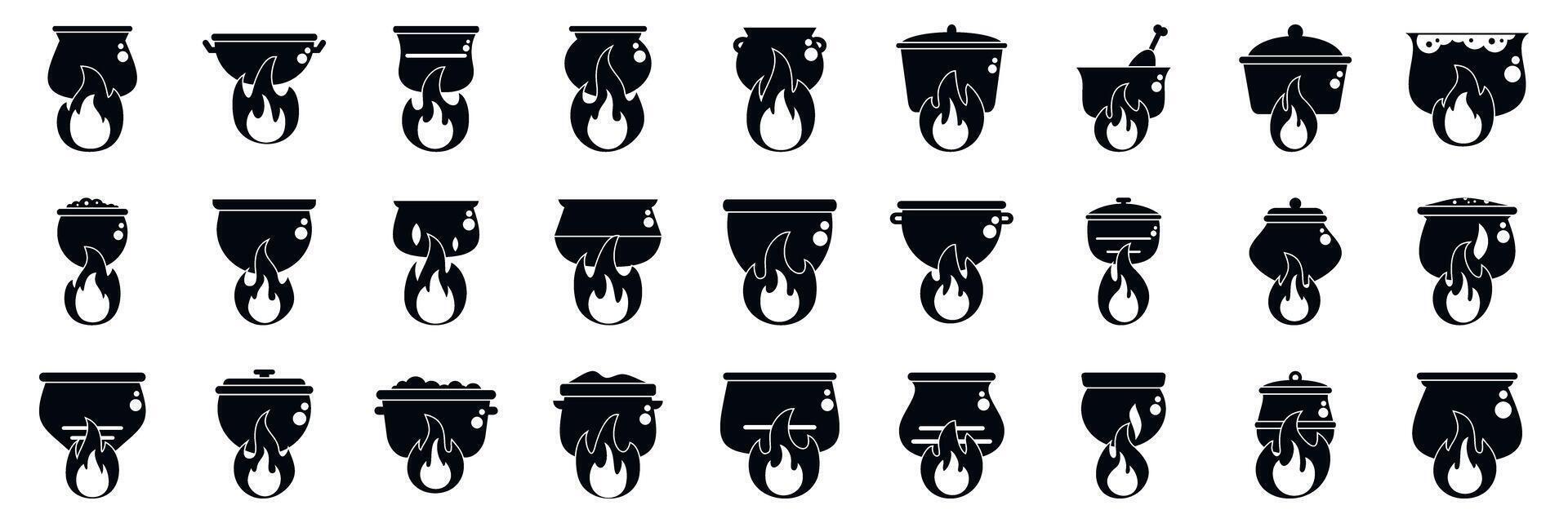 Pot campfire icons set. Boiling pots and cauldrons on fire, cooking and brewing icons set vector