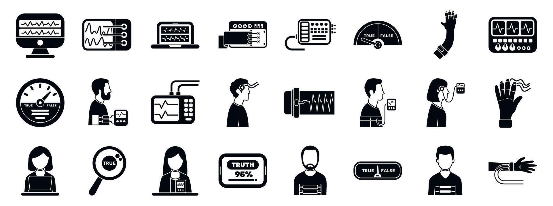 Lie detector test icons set. Comprehensive collection of lie detection icons and illustrations vector