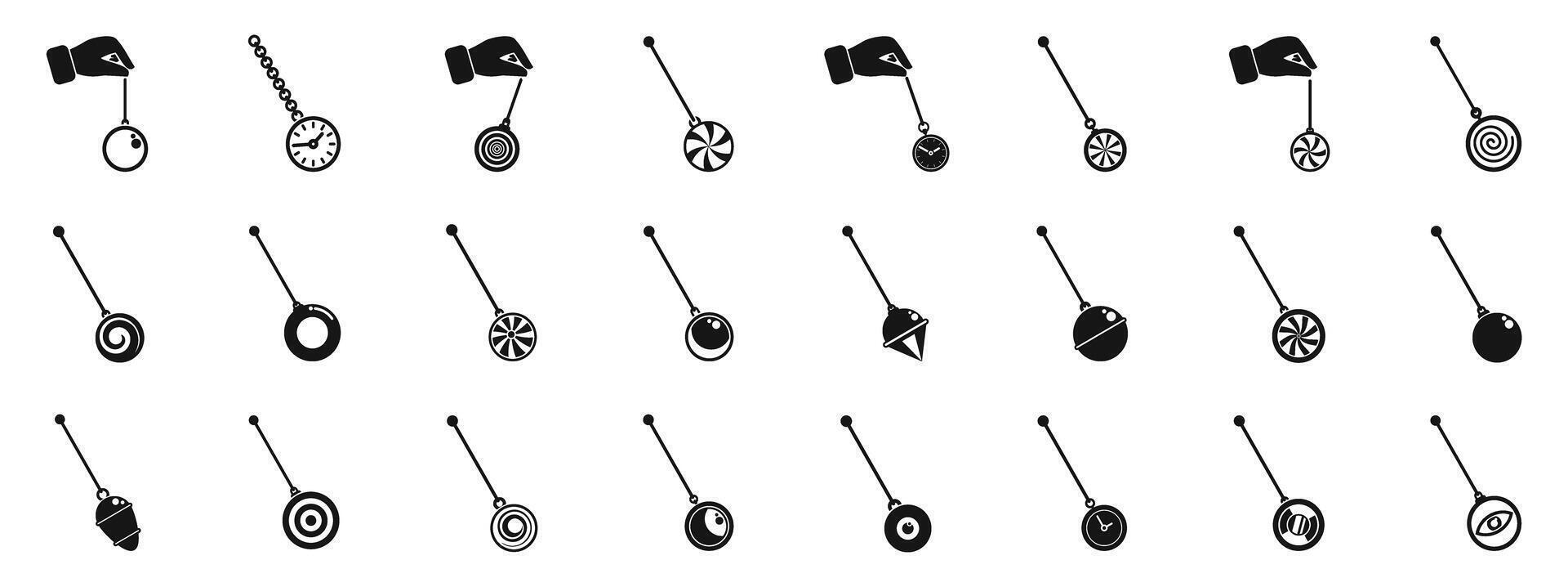 Swinging hypnosis pendulum icons set. Various hypnotic pendulum designs in black and white vector