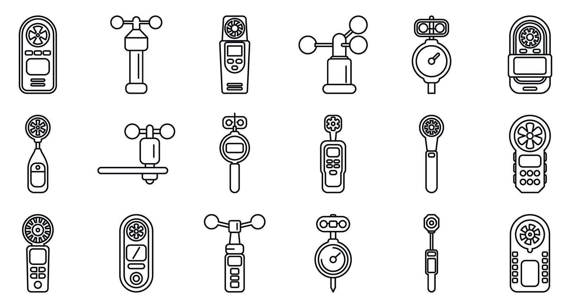 Anemometer icons set. Measuring wind speed and direction, anemometers and wind vanes for accurate meteorological readings vector