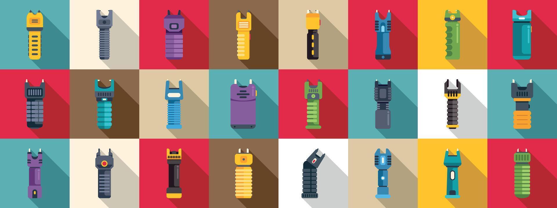 Electric shocker icons set. Electroshock weapon icons showing protection devices for self defense vector