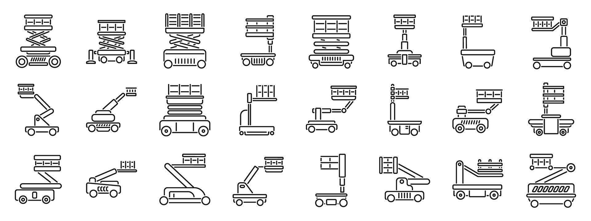 Lift platform basket icons set. Scissor lifts and aerial work platforms, elevating efficiency in construction and maintenance vector