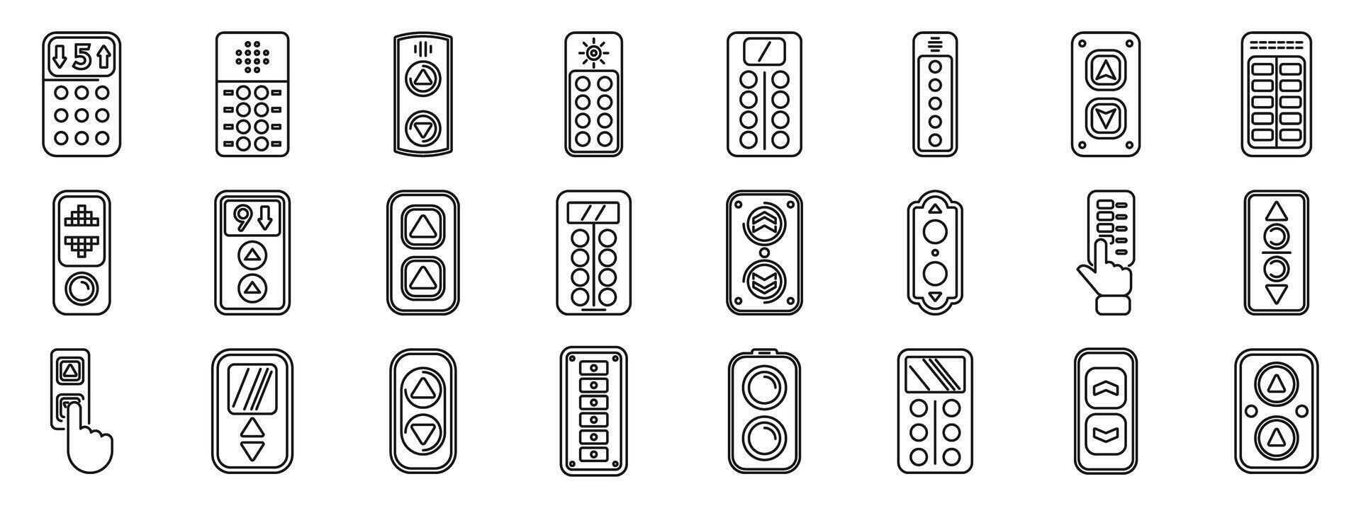 Elevator control panel icons set. Elevator button panel and remote control icons showing up and down arrows, floor selection, and accessibility features vector