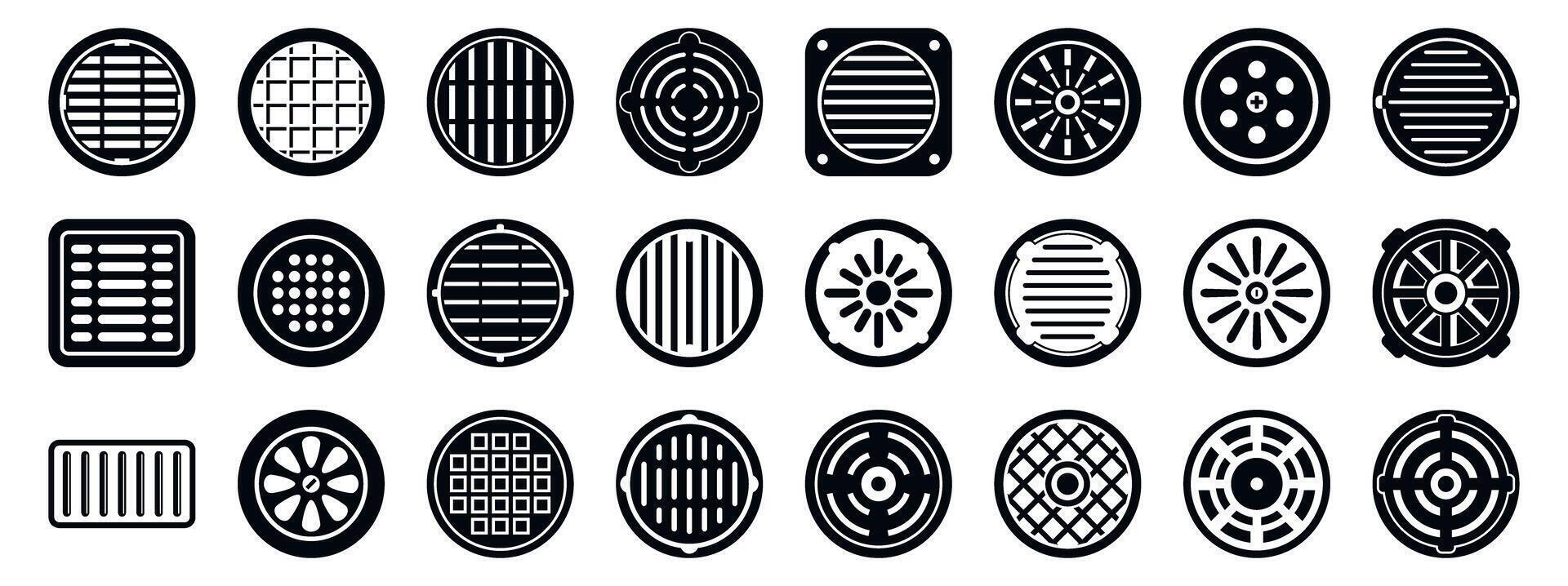 Drain manhole icons set. Diverse collection of circular and square vent designs vector