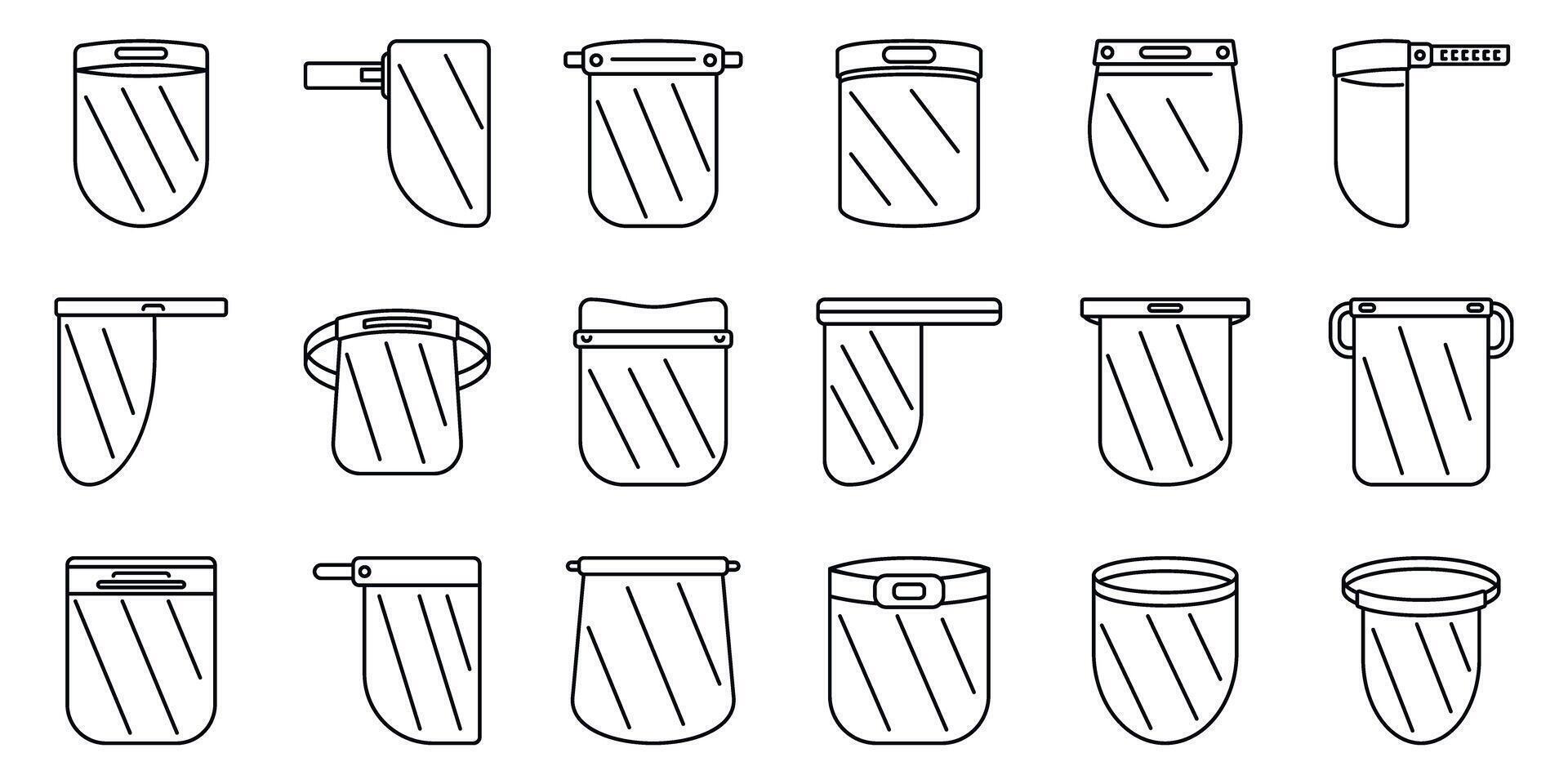 Plastic face shield icons set. Medical face shield icons showing various protective equipment for doctors and nurses protecting from virus vector