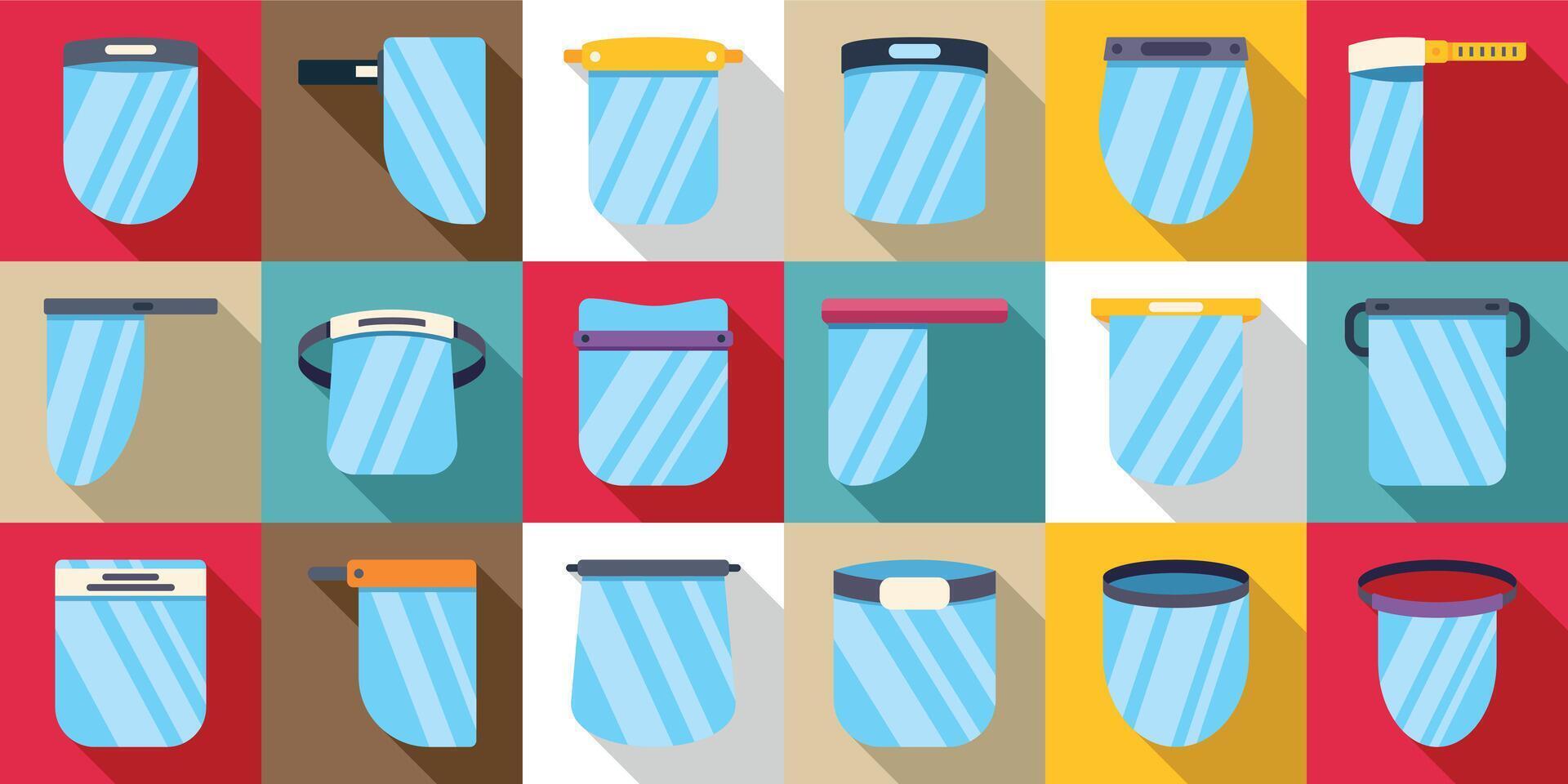 Plastic face shield icons set. Medical face shield icons showing various personal protective equipment preventing coronavirus transmission vector