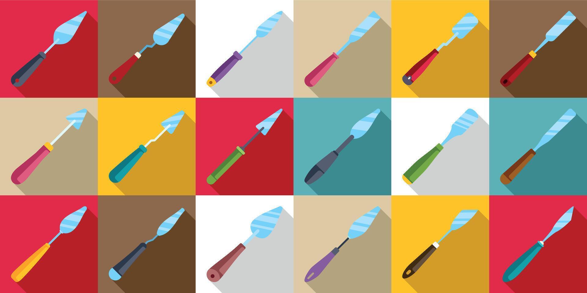 Palette knife icons set. Palette knives seamless pattern showing painting tools in various colors vector
