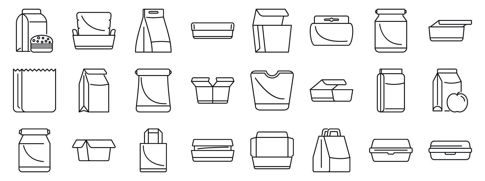 Paper lunchbox icons set. Food packaging icons showing different containers for products vector