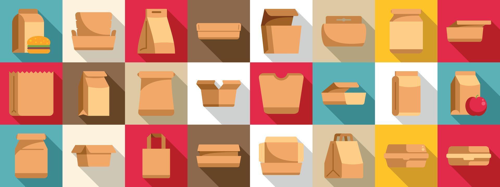 Paper lunchbox icons set. Food delivery packaging icons showing take away and home delivery services vector