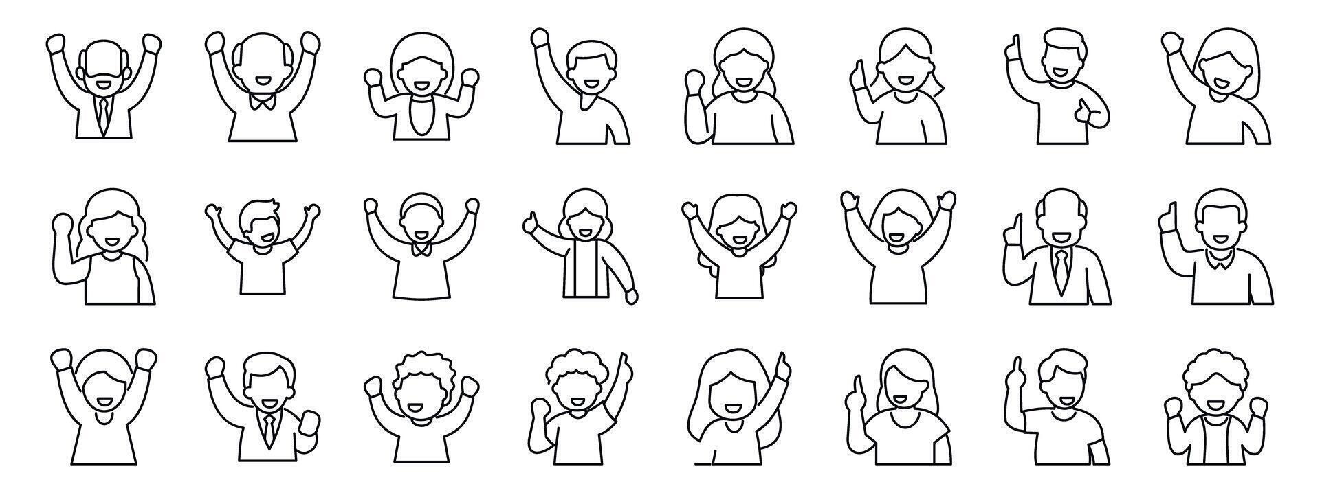 Rejoice success icons set. Happy people raising hands and cheering, celebrating success in outline style vector