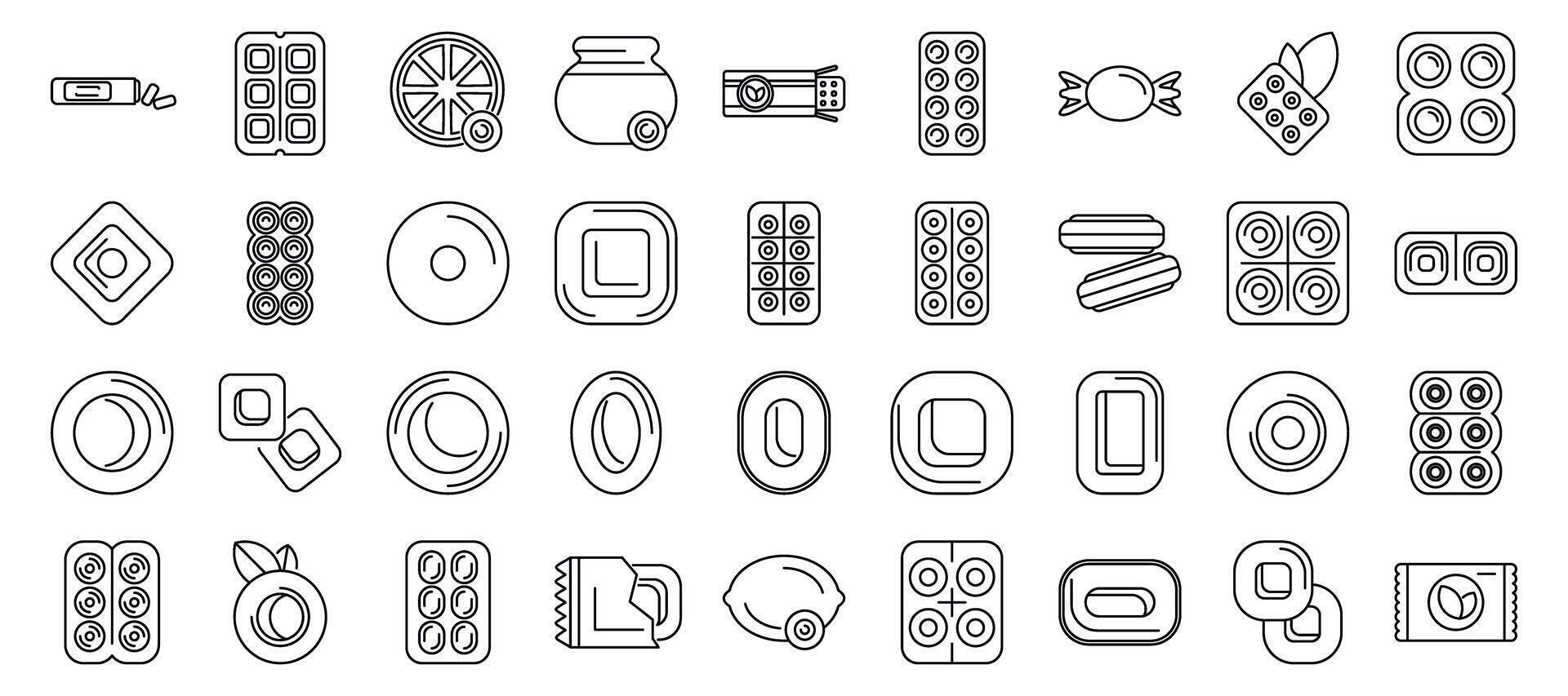 Throat lozenges icons set. Collection of line icons representing cough drops, lozenges, and breath mints in various forms and packaging vector