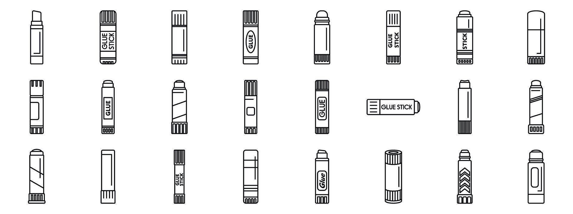 Glue stick icons set. Glue stick icons showing different types of adhesive for paper and craft projects vector