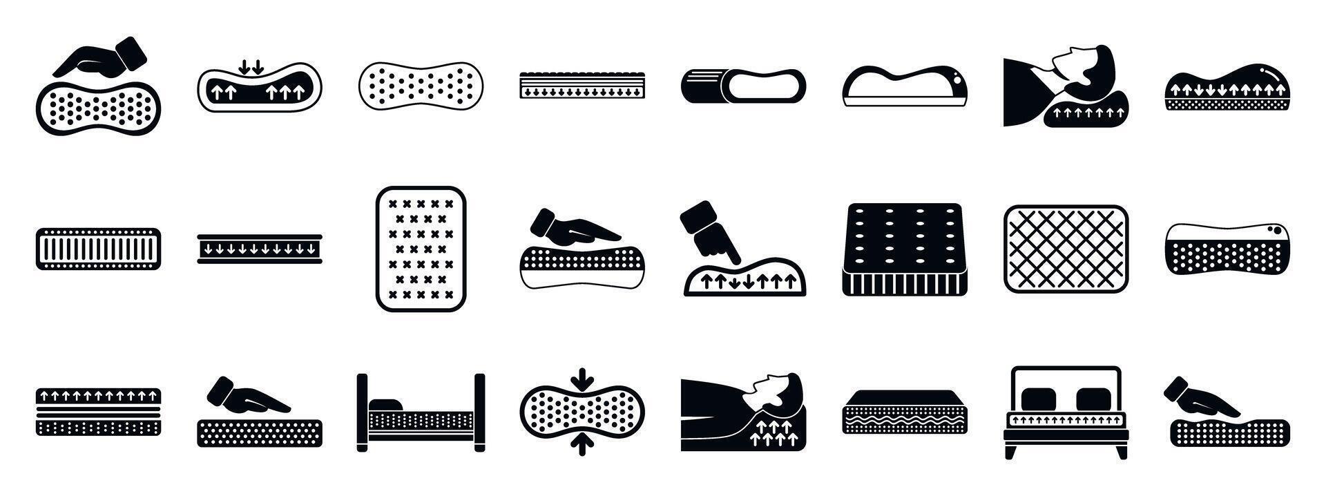 Memory foam icons set. Orthopedic mattress topper improving sleep quality and comfort vector