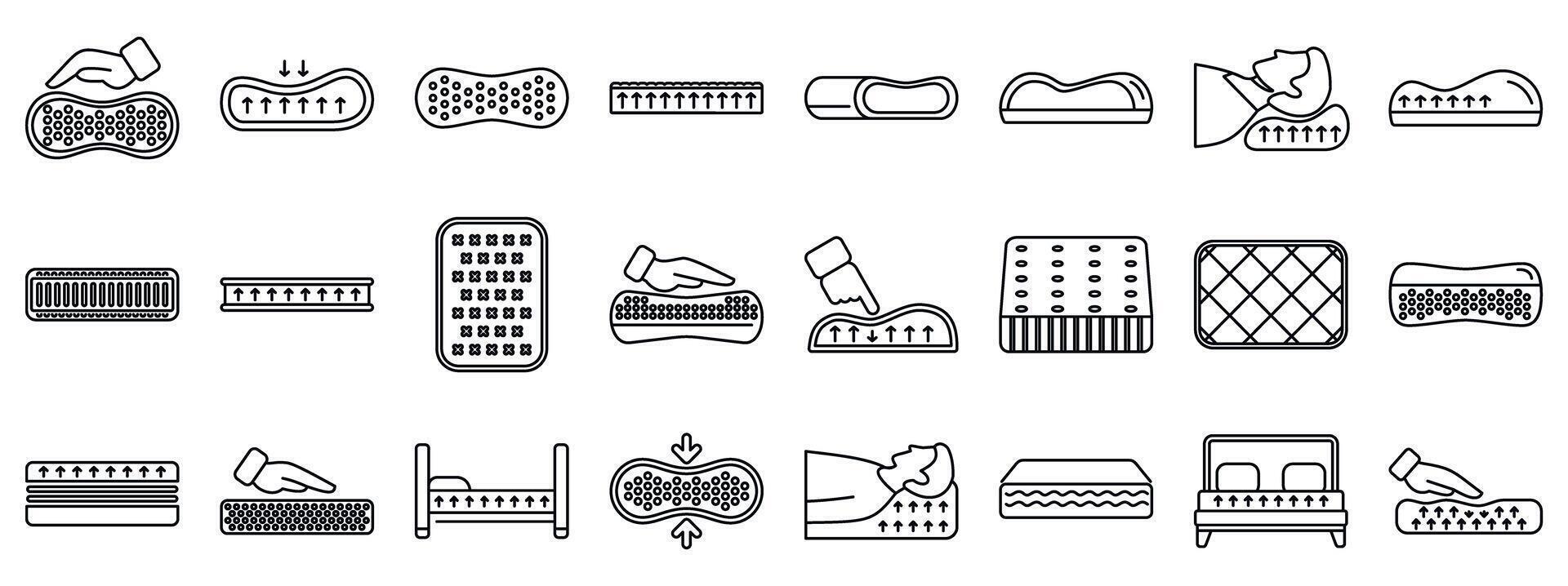 Memory foam icons set. Orthopedic mattress and pillow offering comfort and support during sleep vector