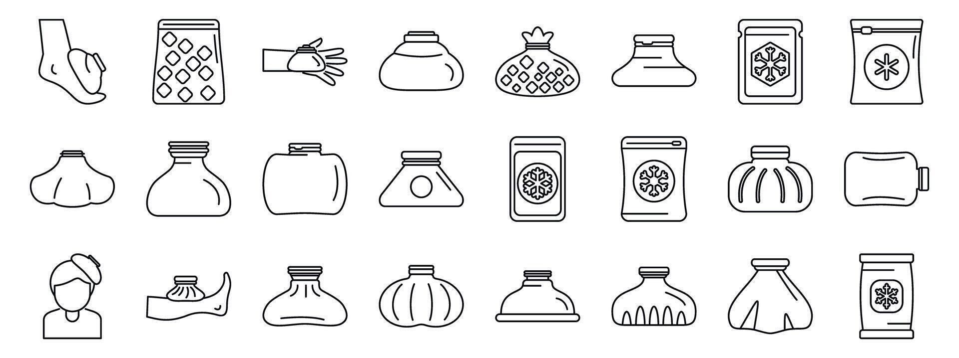 Ice bag icons set. Set of herbal compress icons for spa and wellness vector
