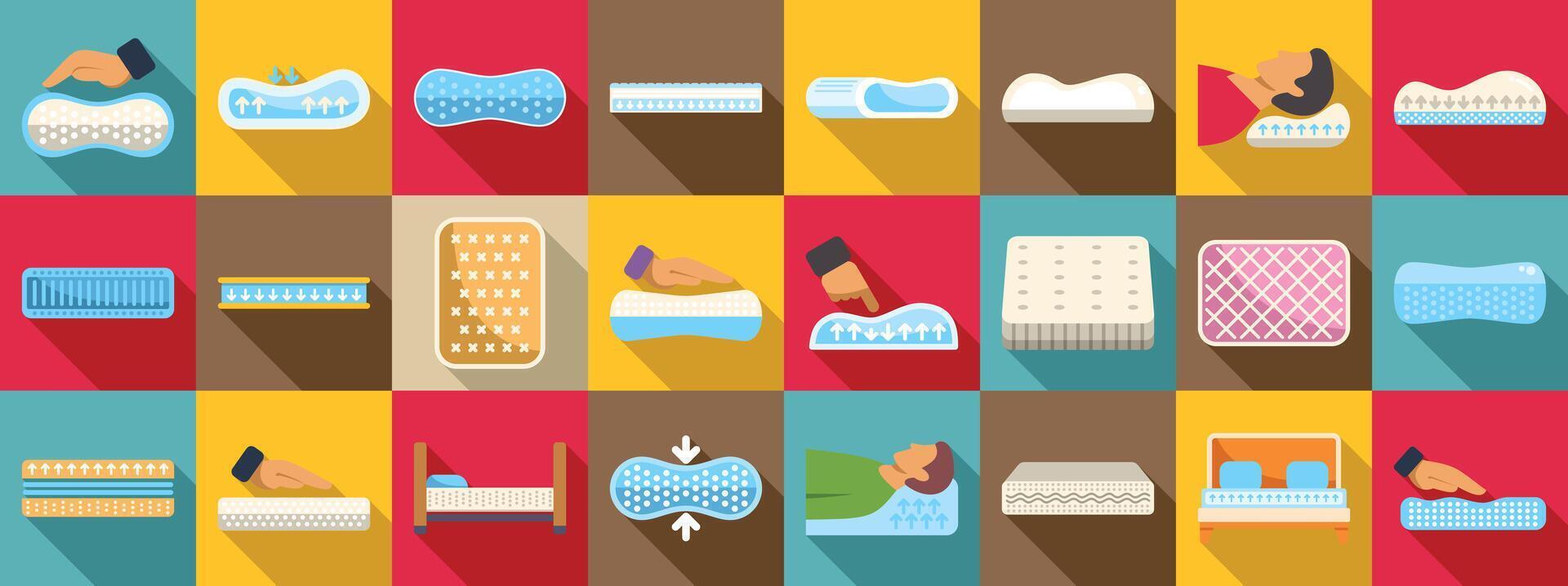 Memory foam icons set. Orthopedic mattress and pillows showing comfort and pressure relief vector