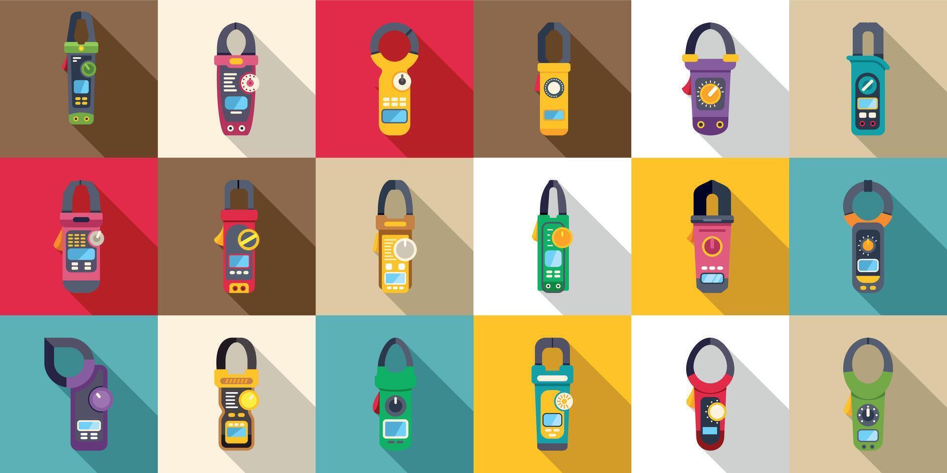 Clamp meter icons set. Electrician measuring instruments showing electrical current with clamp meter vector