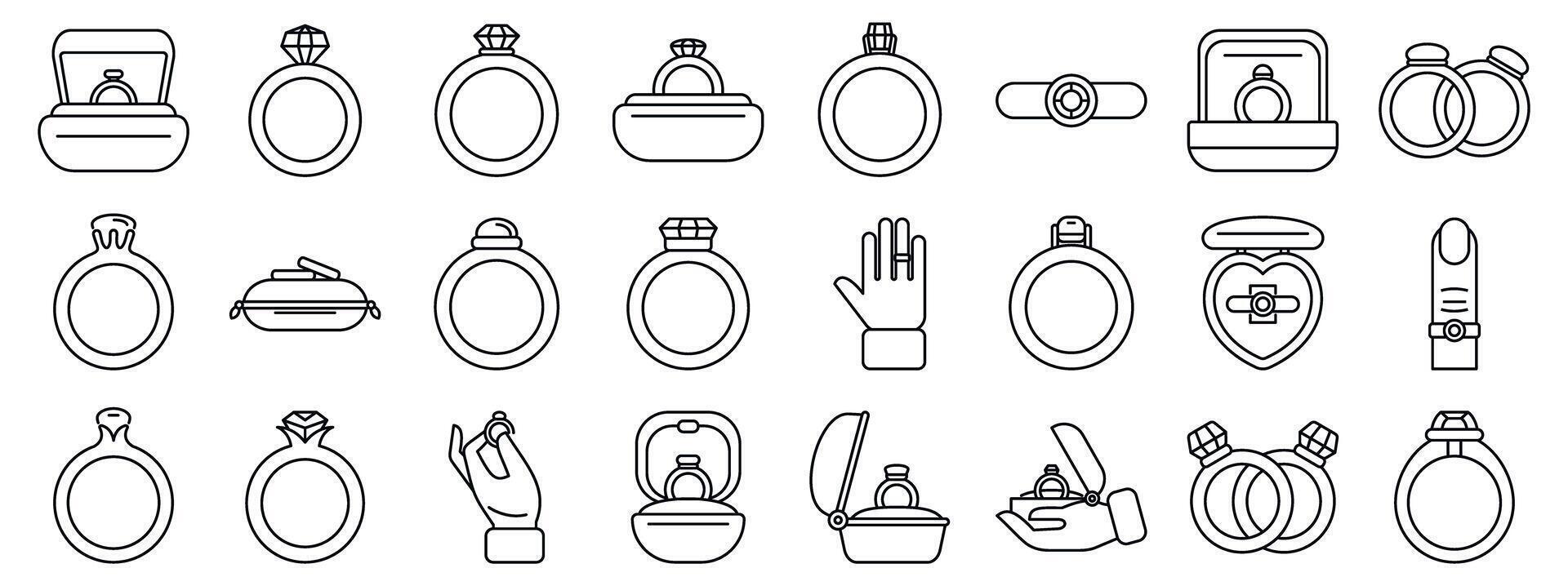 Rings engagement icons set. Collection of rings showing different styles, gems, and settings, including ring boxes and hands wearing rings vector