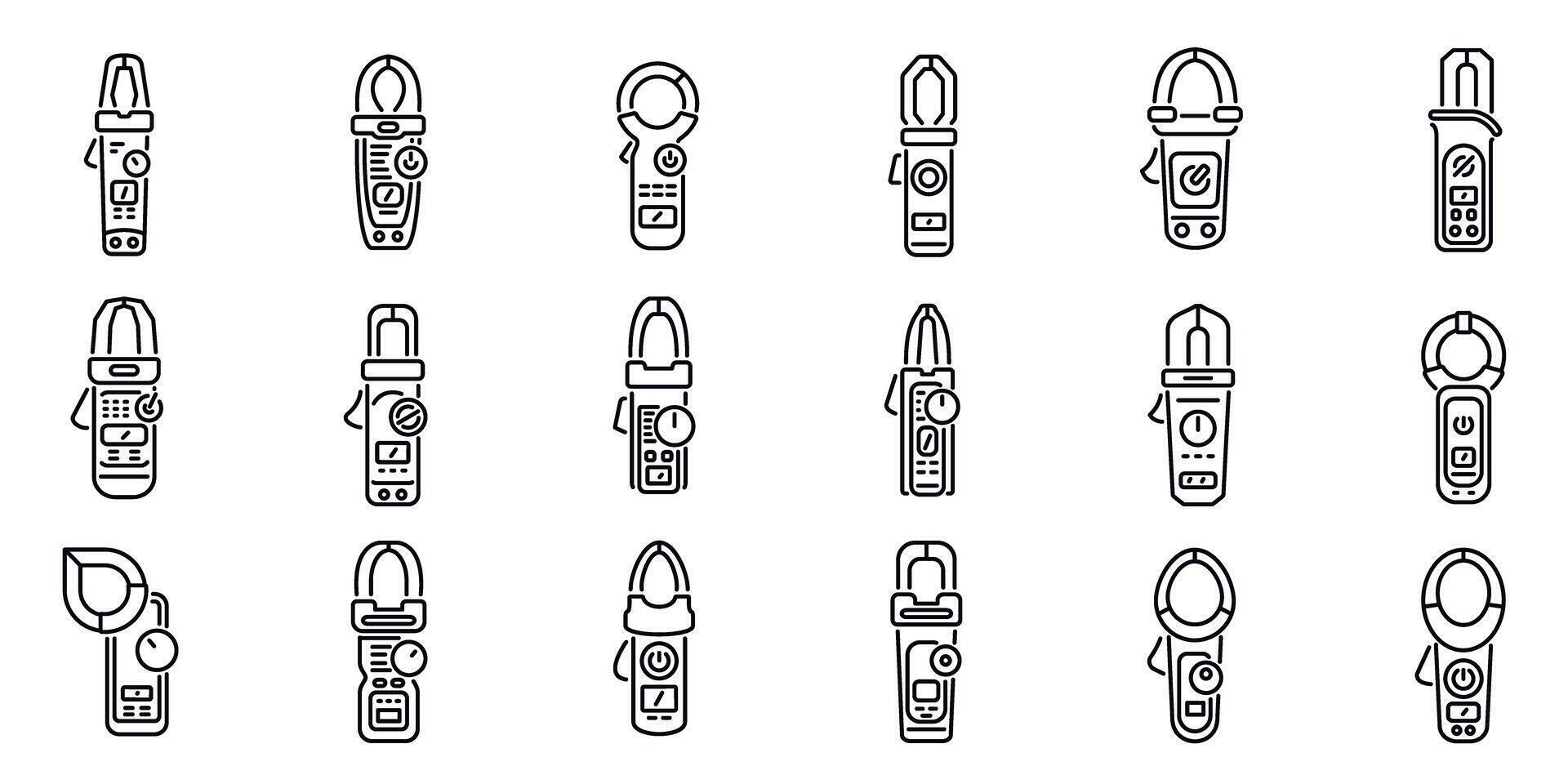 Clamp meter icons set. Electrician using clamp meter measuring electrical current icons set vector