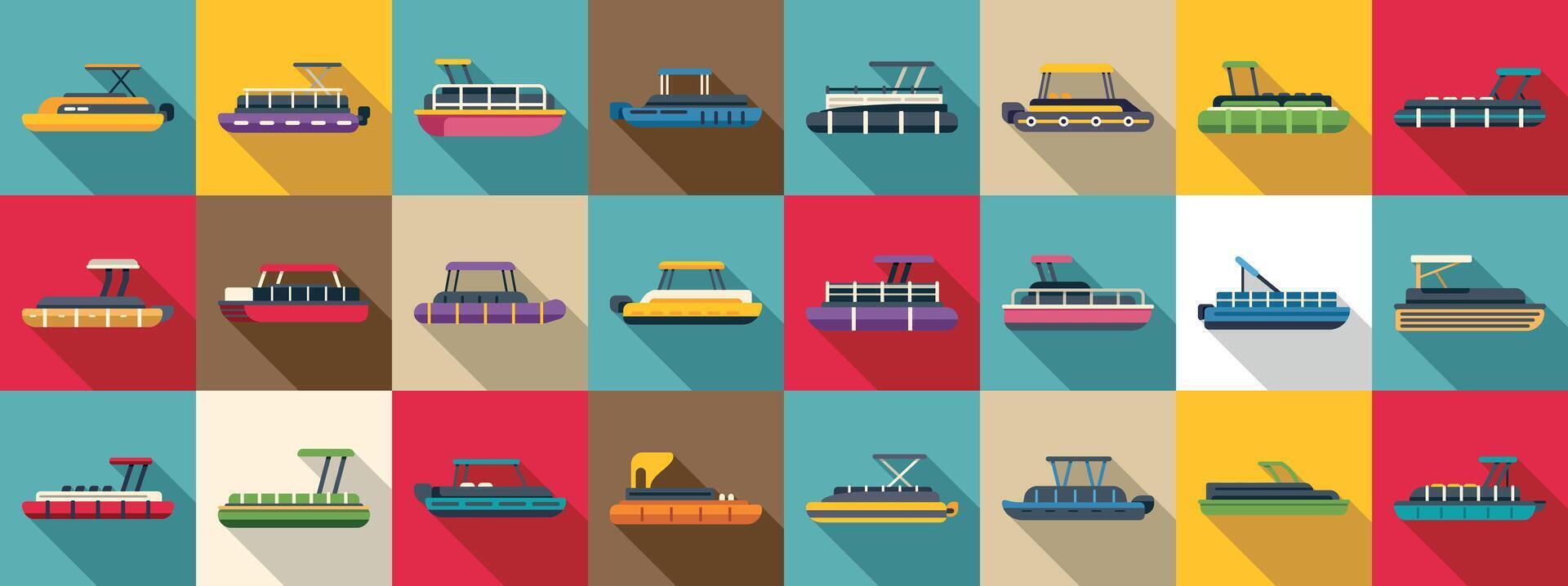 Pontoon boat icons set. Pontoon boat icons showing river or lake leisure and recreation vector