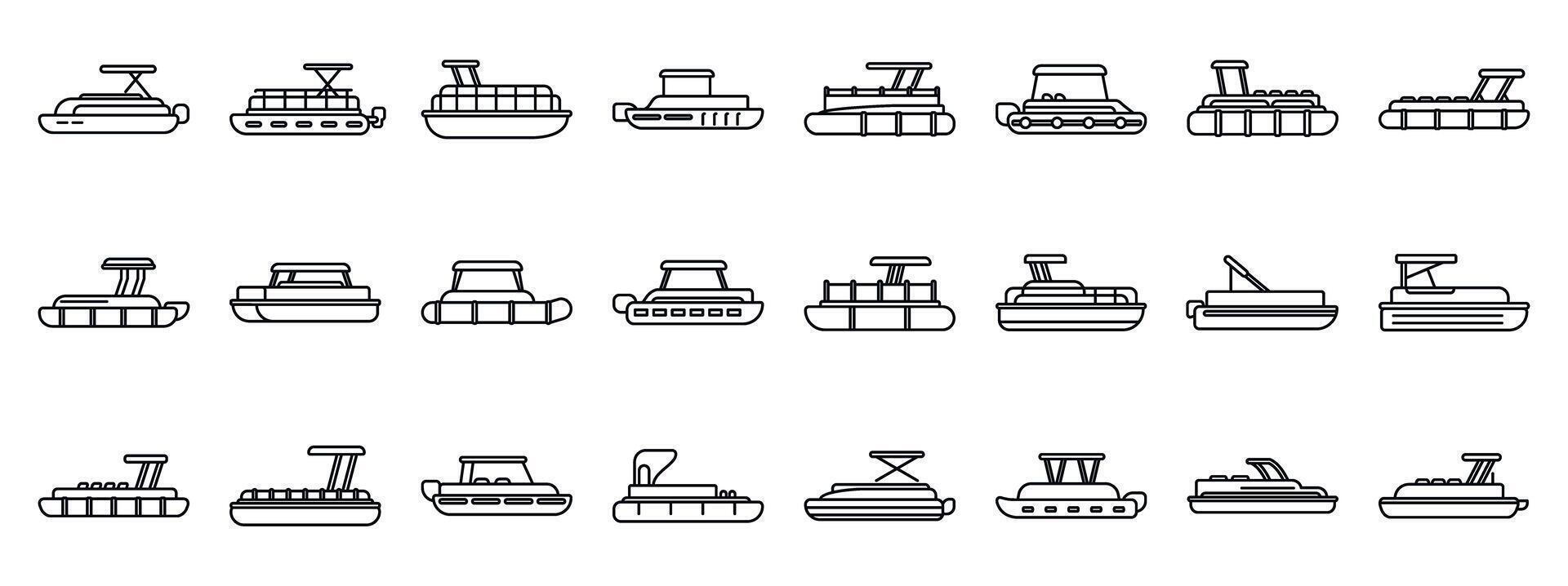 Pontoon boat icons set. Pontoon boats showing different designs and sizes for water recreation vector
