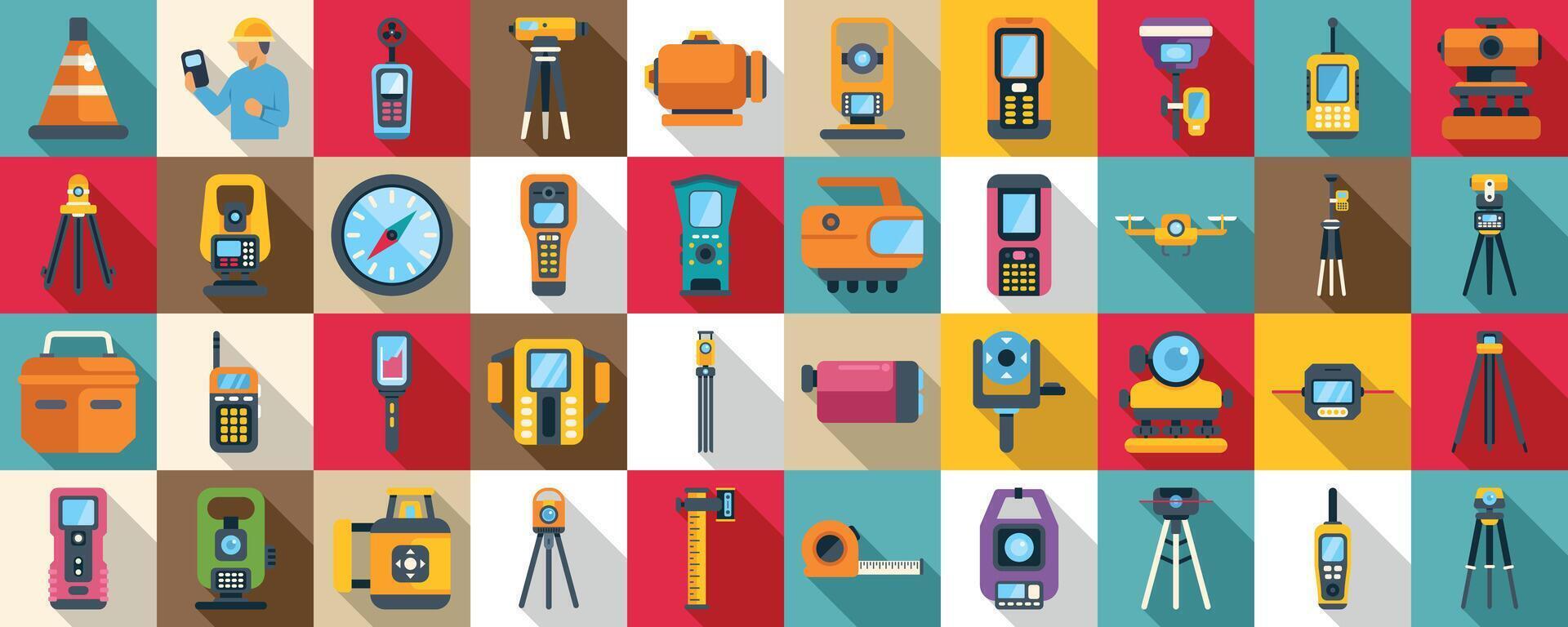 Geodetic equipment icons set. Surveyor using geodetic instruments and equipment for land surveying vector