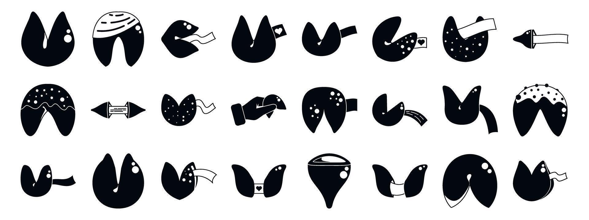 Fortune cookie icons set. Fortune cookies with predictions holding different paper strips icons set vector