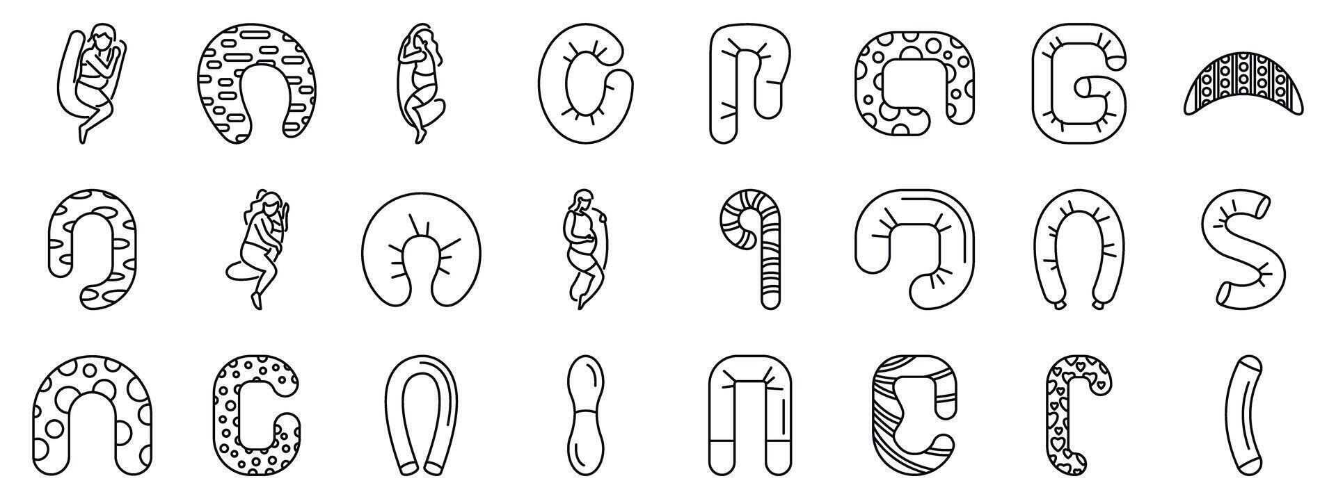 Pregnancy cushion icons set. Pregnant women using different types of pillows for comfortable sleeping vector