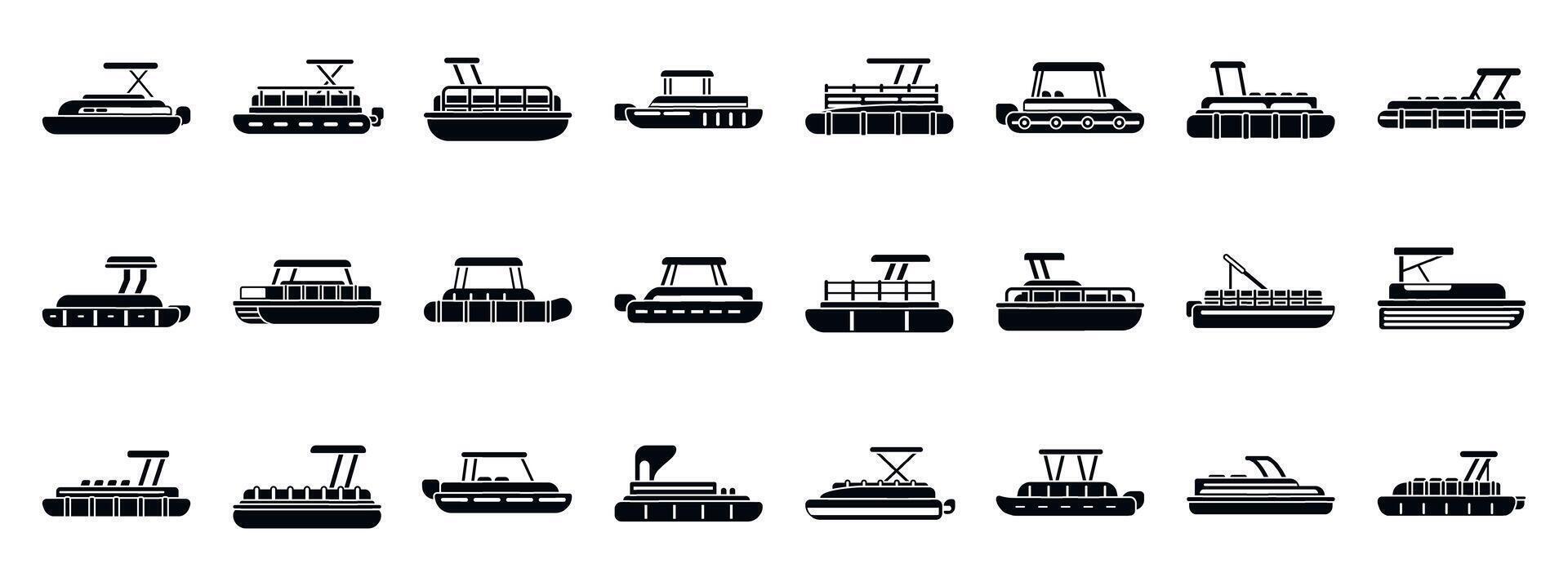 Pontoon boat icons set. Pontoon boat icons showing river or lake recreation and leisure vector