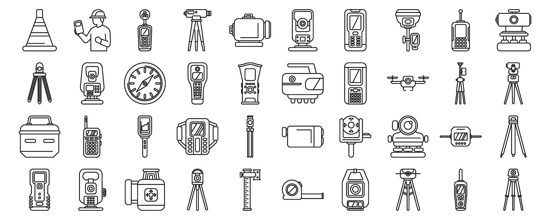 Geodetic equipment icons set. Surveyor equipment and tools icons showing geodetic instruments for measuring and mapping land vector