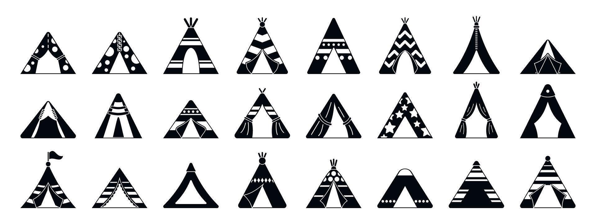 Teepee tent icons set. Diverse black and white geometric teepee designs vector