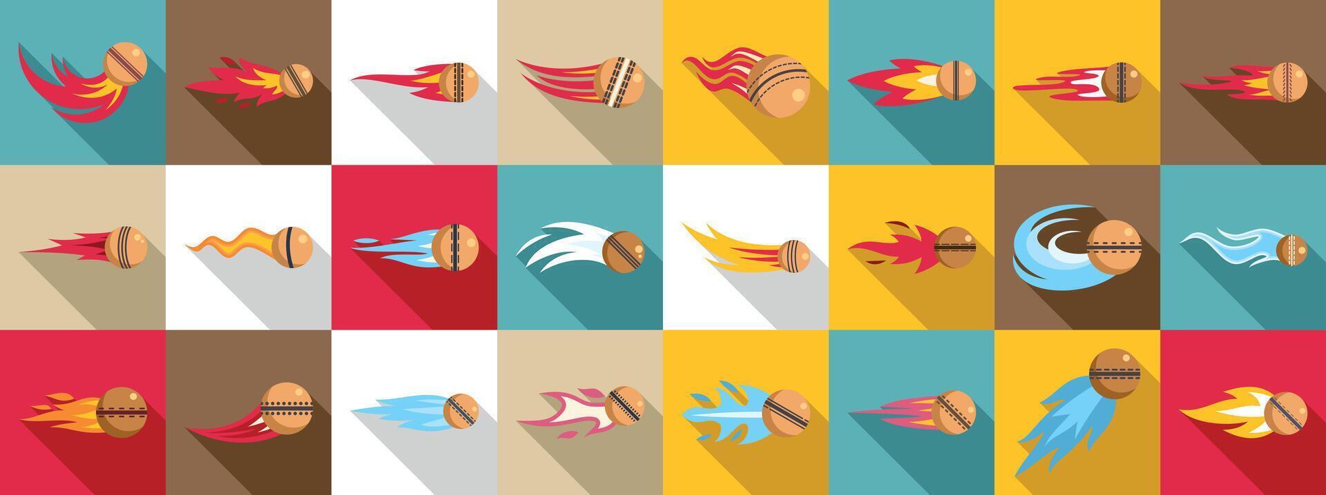 Flying cricket ball icons set. Cricket ball flying with flames and trails icons set vector